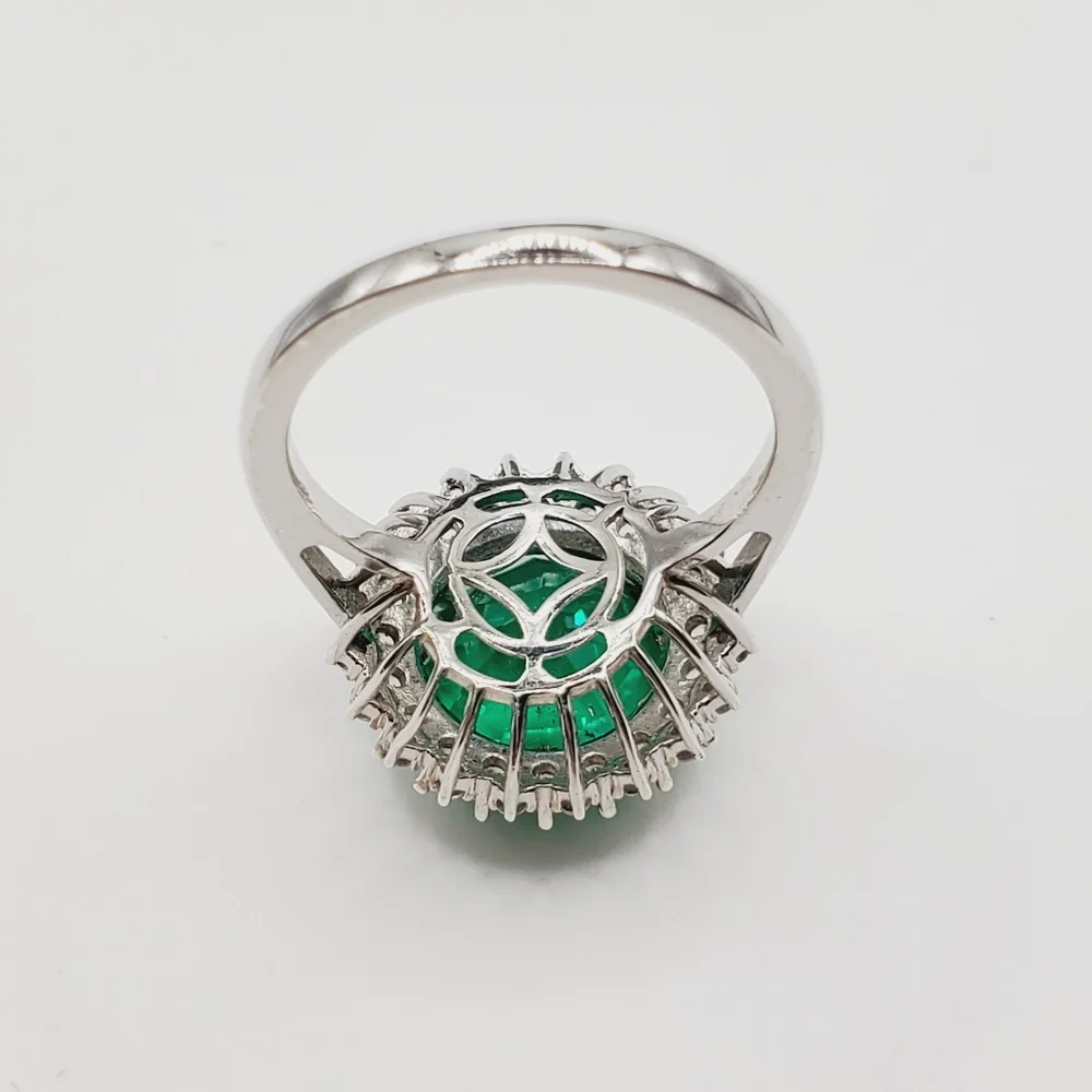 Emerald Green Quartz & White Zircon Sunburst Halo Ring Platinum Over Silver